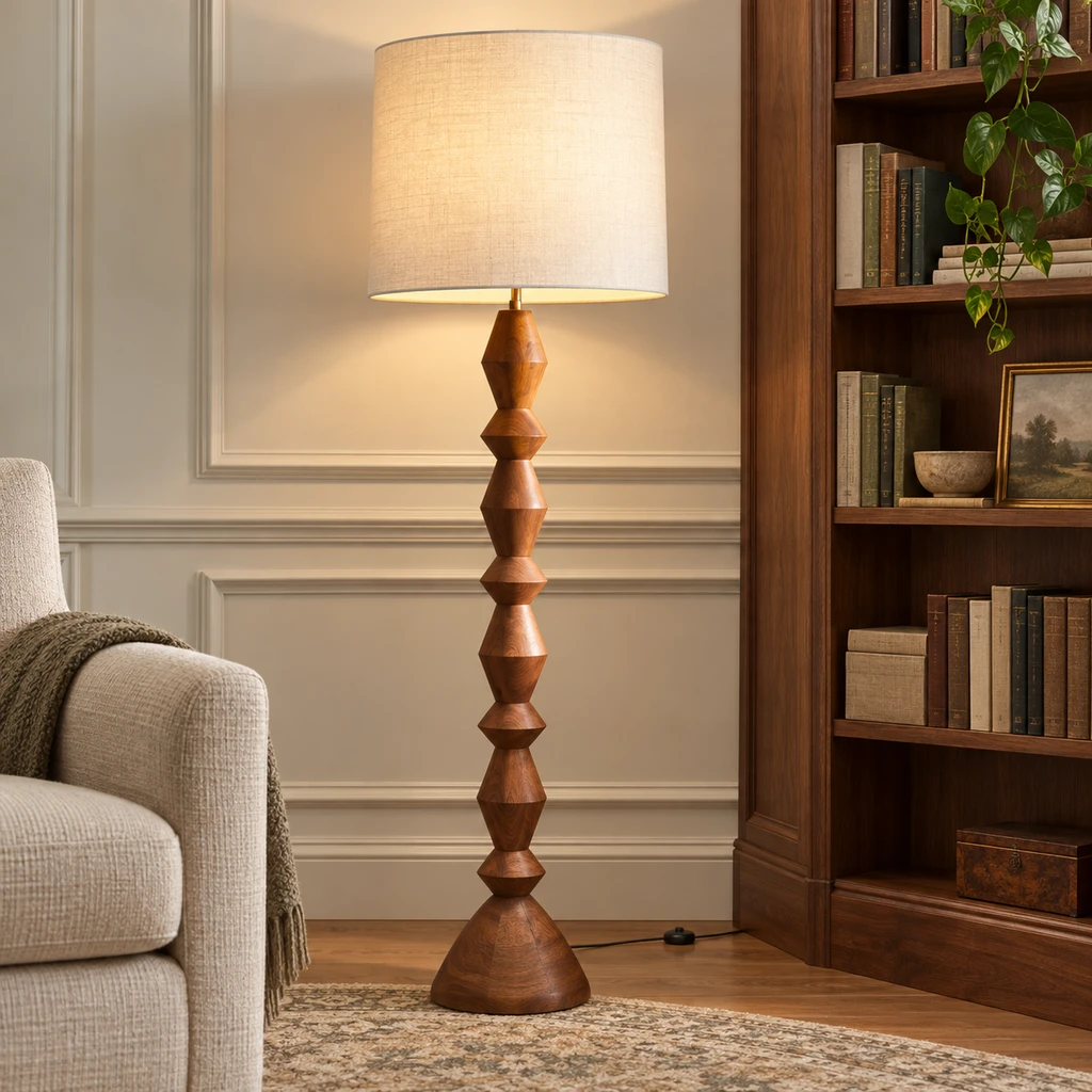 Maya Vintage Carved Wood and Fabric Floor Lamp, Carved Wood, library setting
