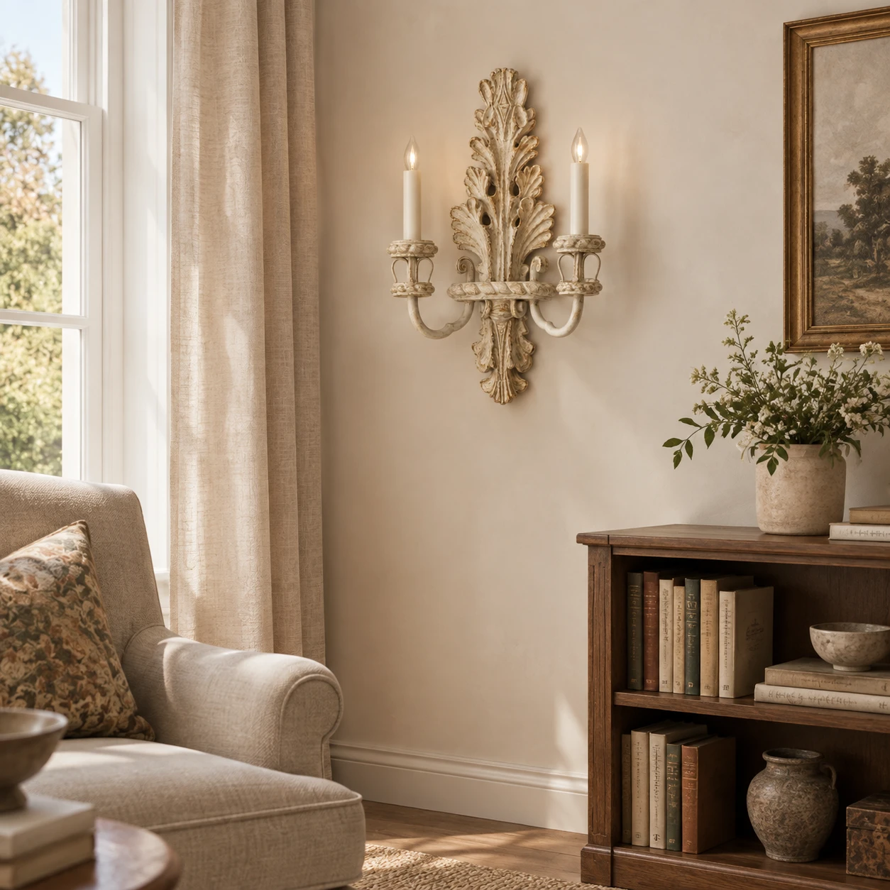 Odette French Candle Wood Wall Sconce in a residential interior