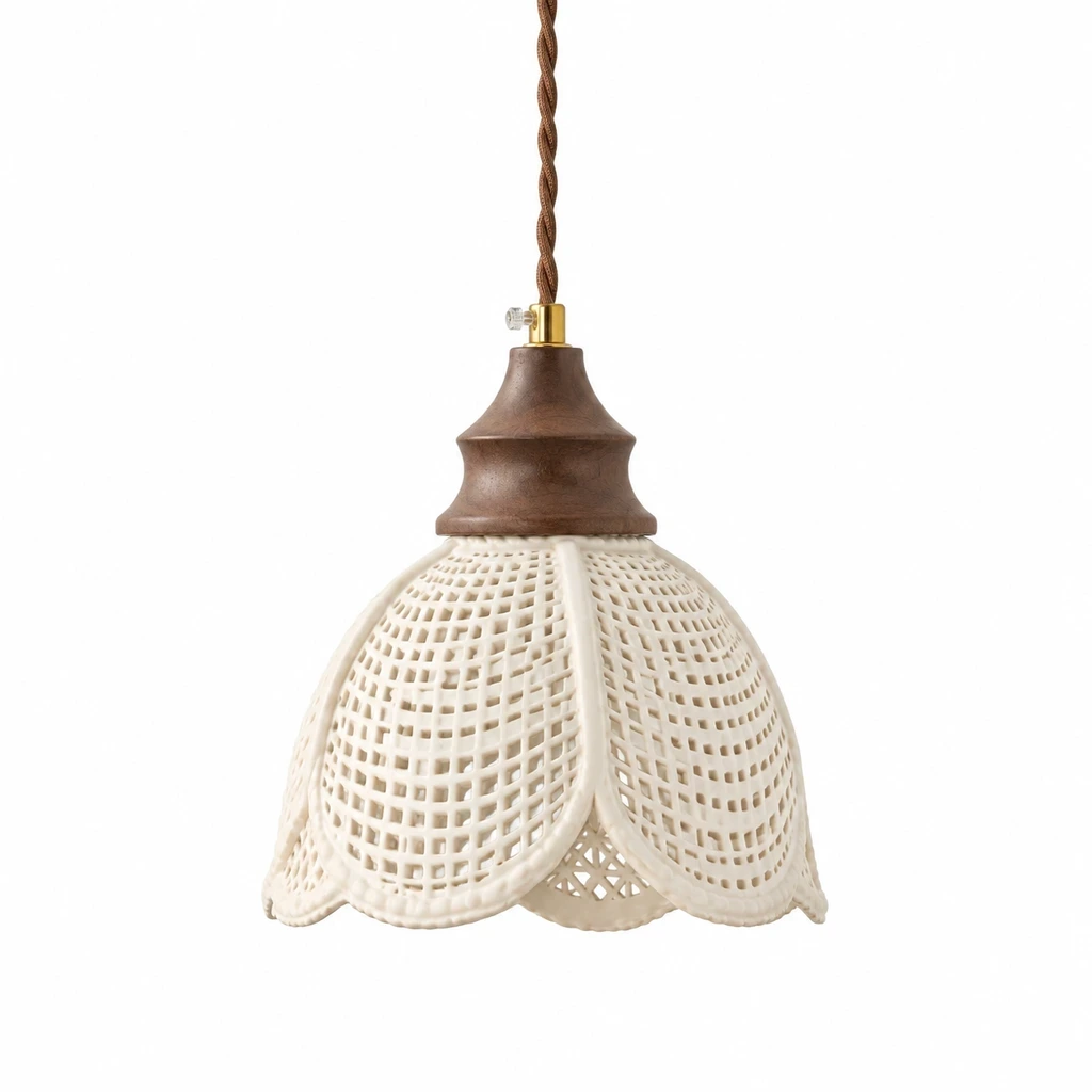 Lina Vintage Floral Ceramic Wood Pendant Light on a clean white background