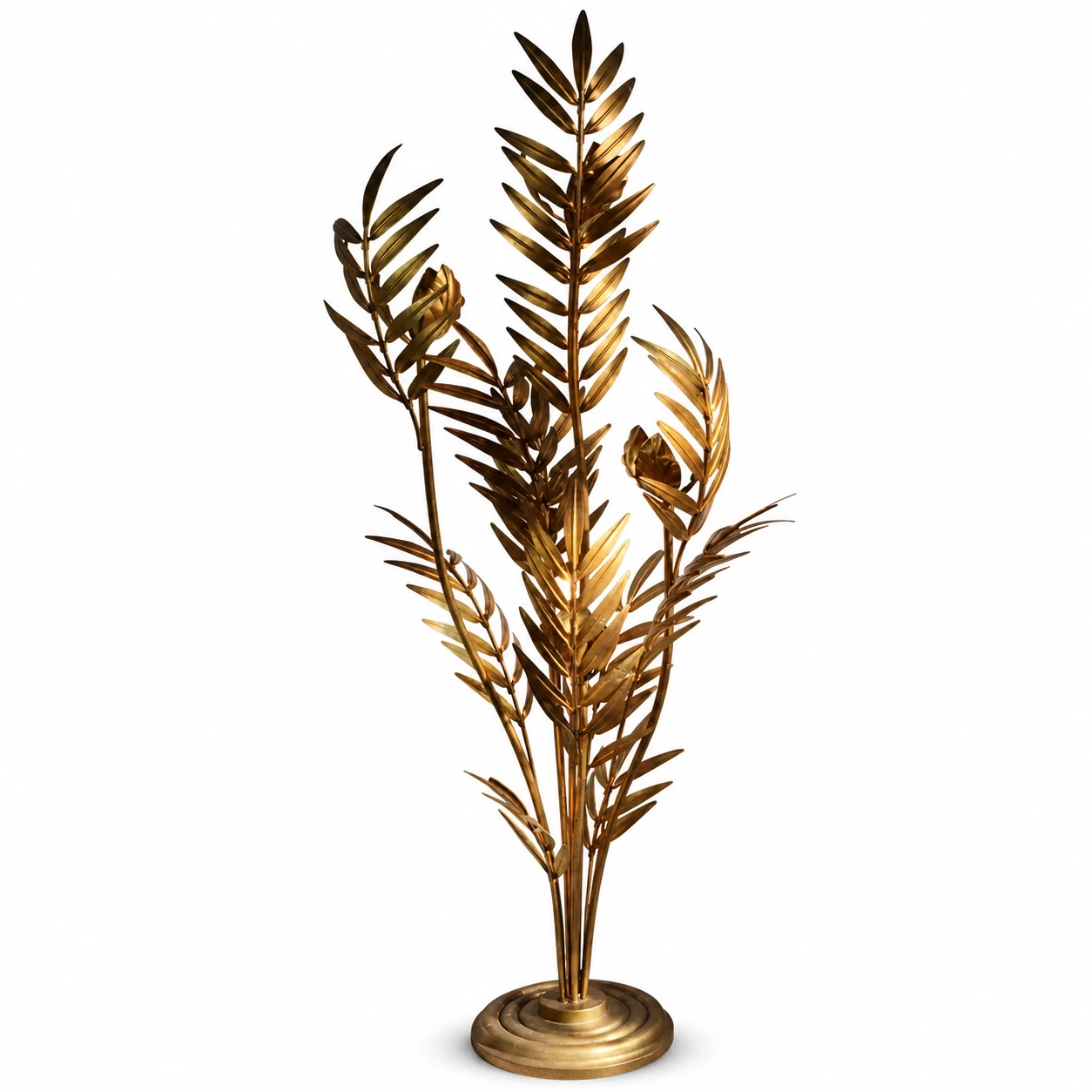 Liora rustic palm leaf iron floor lamp in Aged Gold on white background