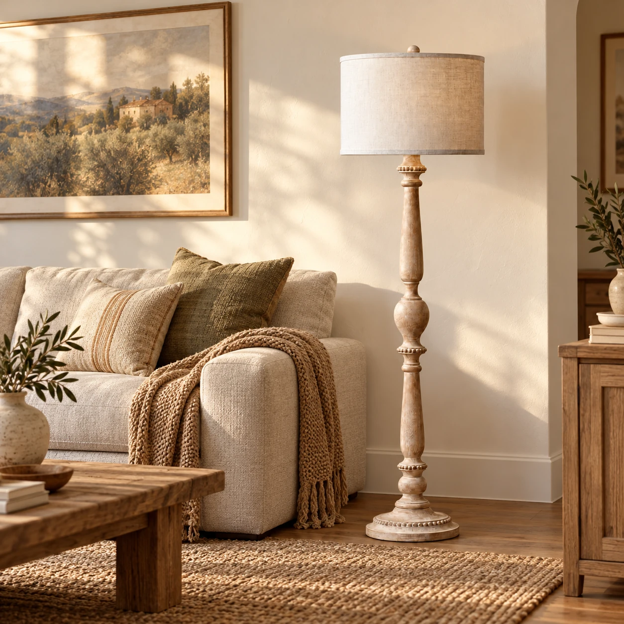 Nora floor lamp beside a sofa in a living room