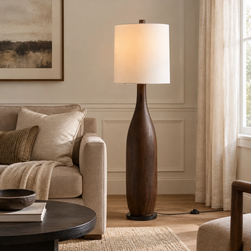 Amelia American Rustic Turned Wood and Fabric Floor Lamp, Dark Coffee - 45 cm wide x 160 cm high, medium-near living setting