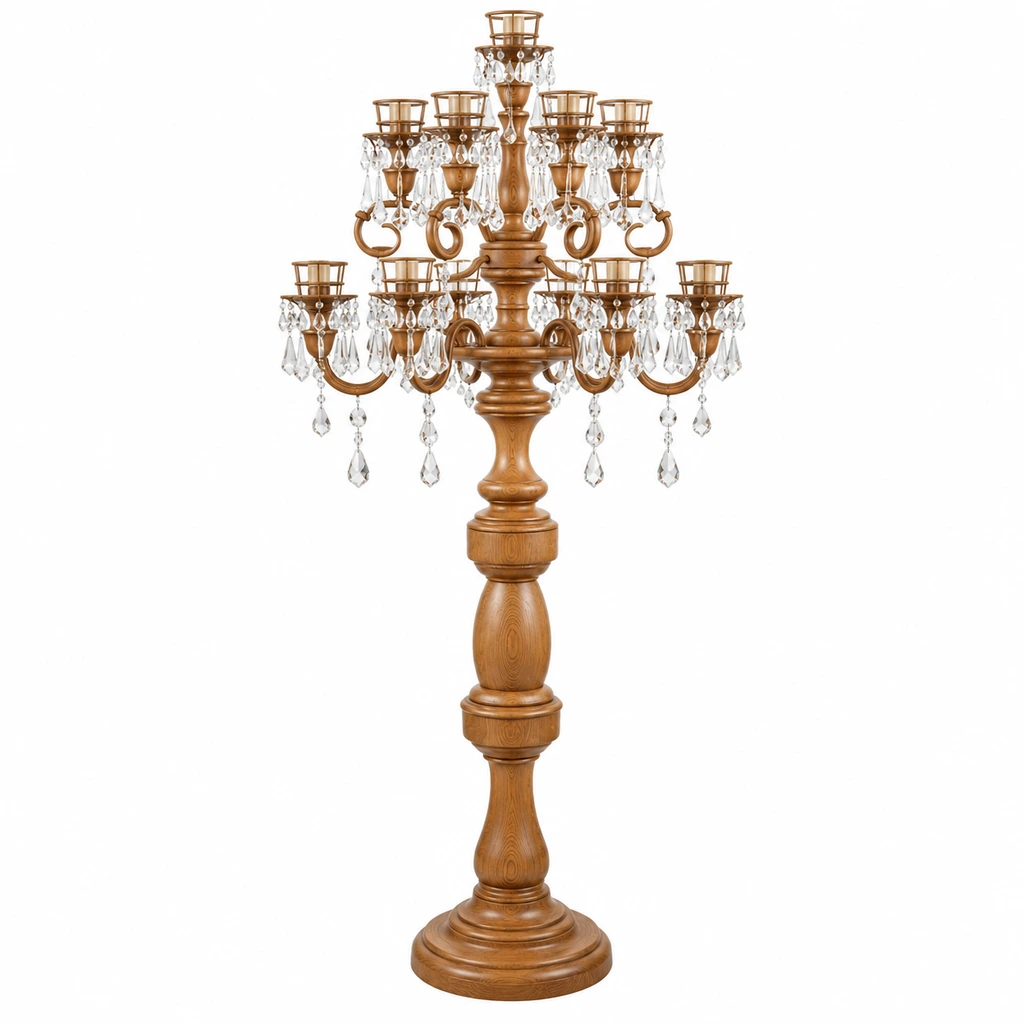 Natural Wood crystal candelabra floor lamp on white