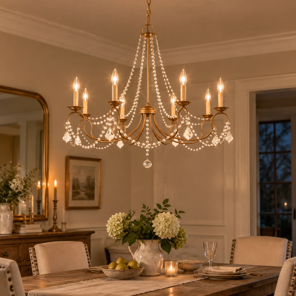 Mila American Vintage Crystal and Iron Chandelier, Antique Gold Crystal, evening room setting