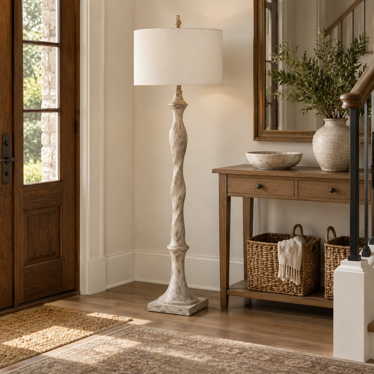 Mira Rustic Carved Wood Floor Lamp in a residential interior