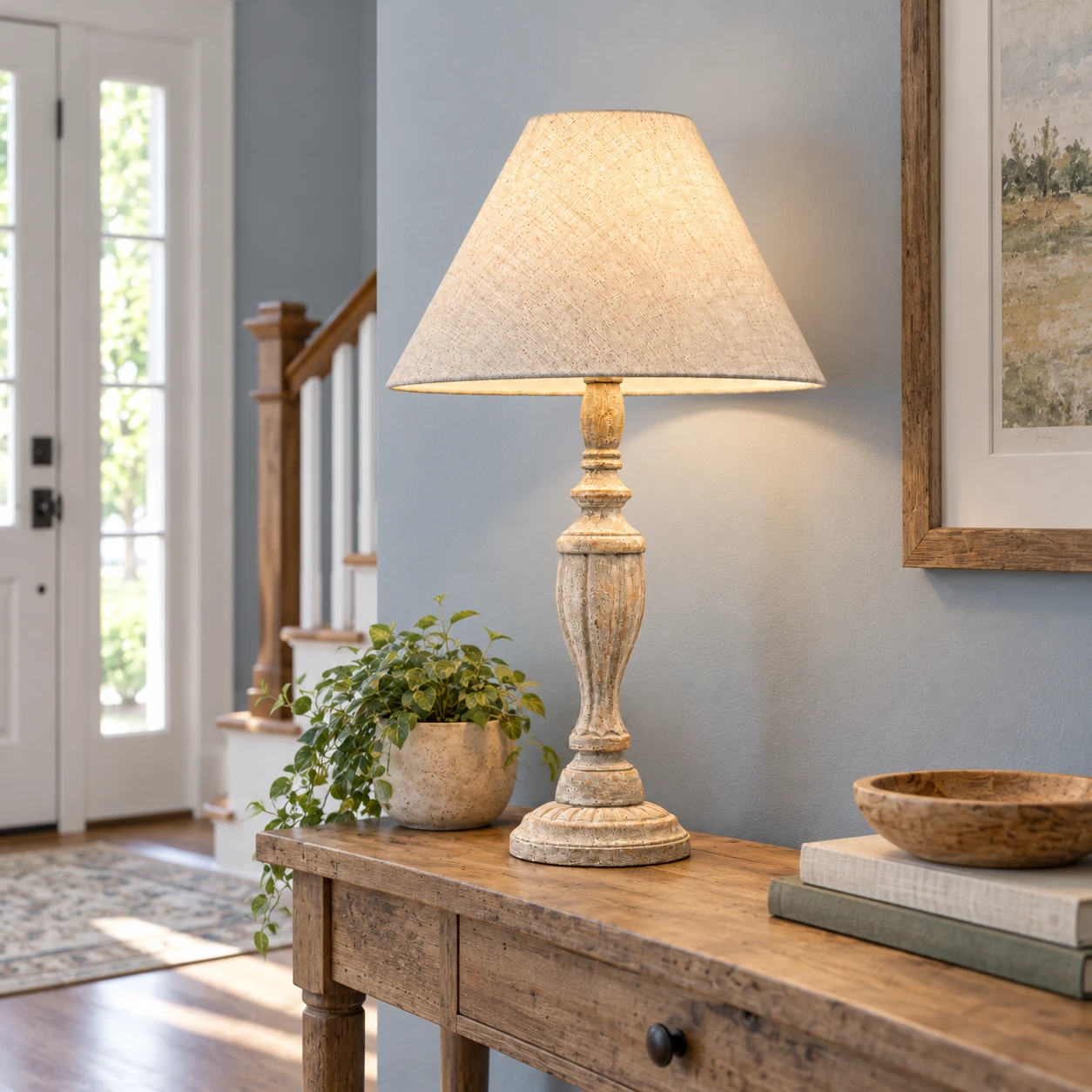 Hayes wood table lamp on an entry console