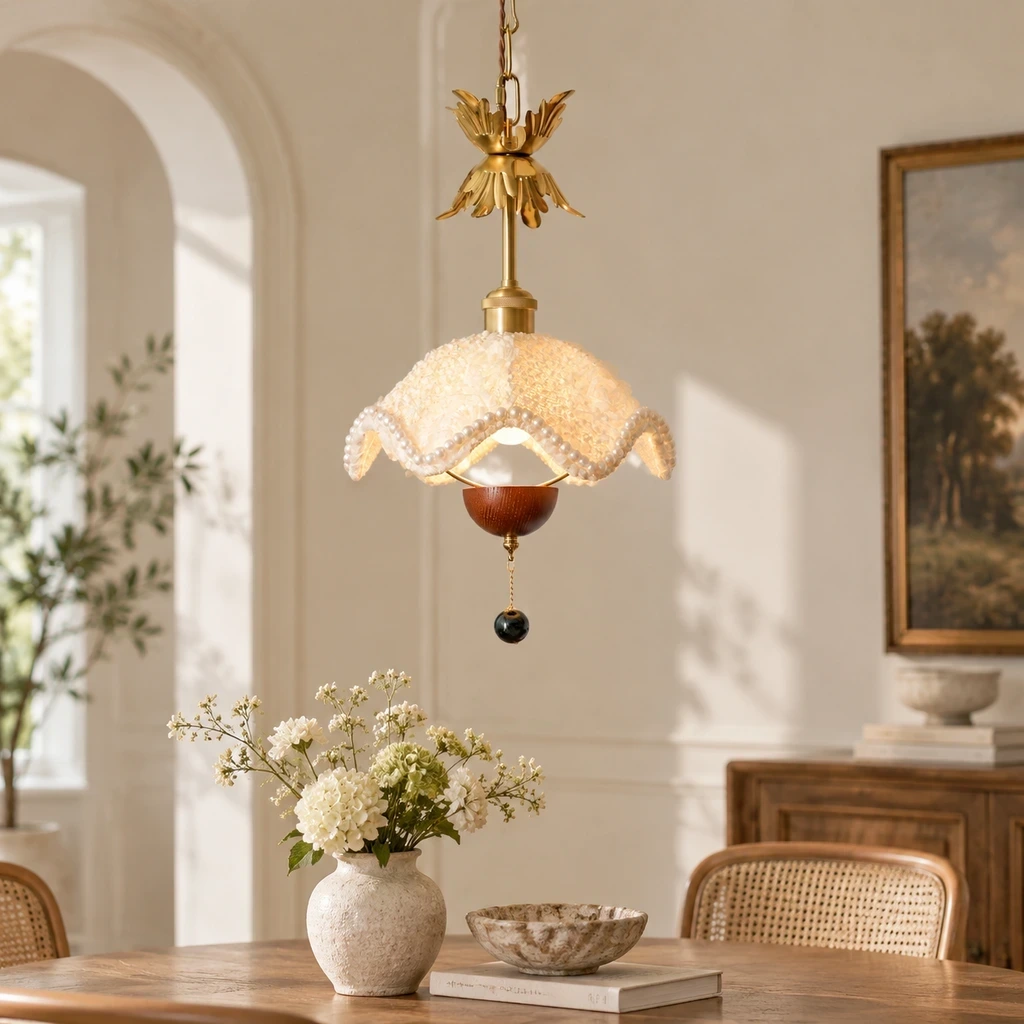 Sophie Floral Fabric Iron Pendant Light in a study or console setting