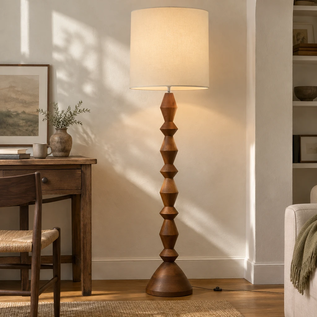Maya Vintage Carved Wood and Fabric Floor Lamp, Carved Wood, medium-near studio setting