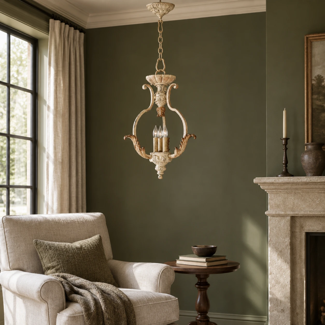 Evelyn pendant in an olive reading corner