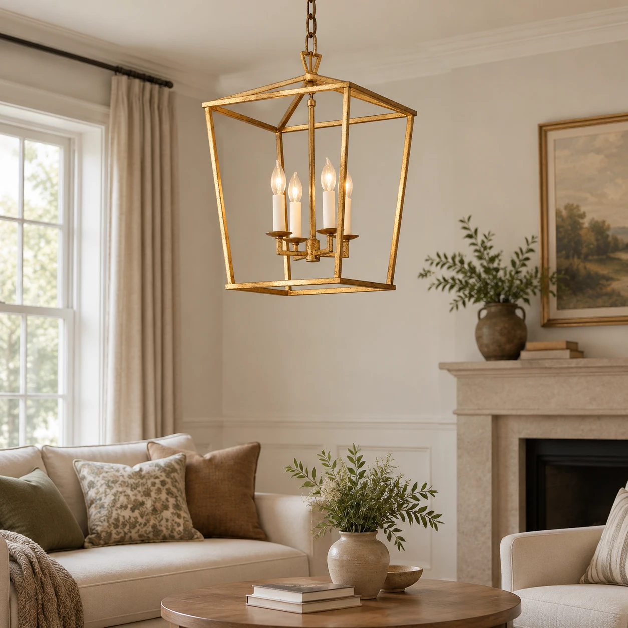 Nora Vintage Caged Iron Chandelier in a residential living room