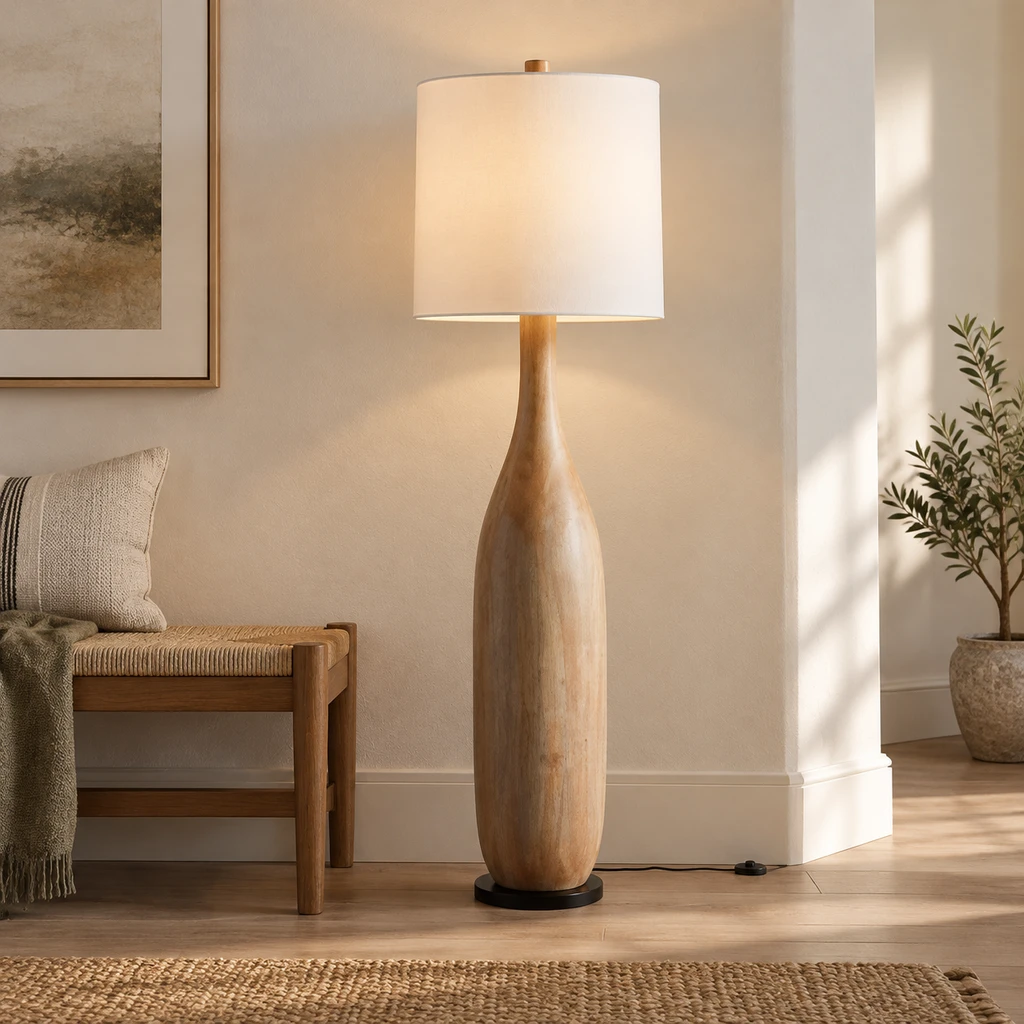 Amelia American Rustic Turned Wood and Fabric Floor Lamp, Natural Wood - 45 cm wide x 160 cm high, medium-near entry setting
