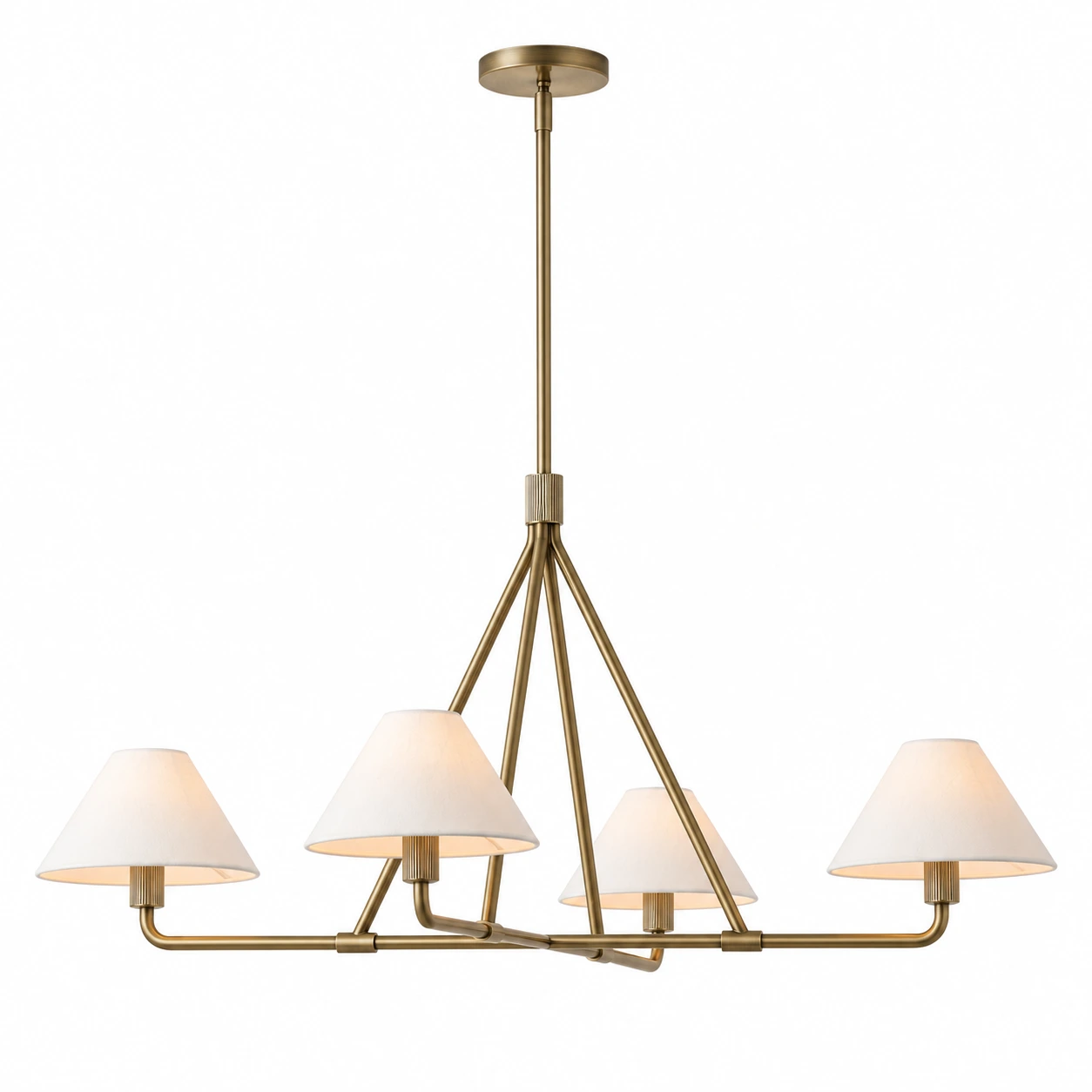 4-Light Gold linear iron chandelier with four pleated fabric shades