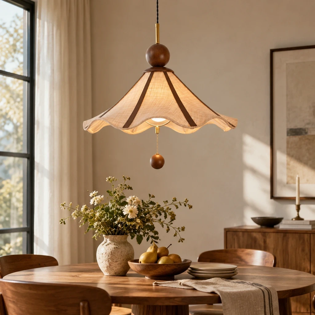Amelie Vintage Single-Light Fabric Wood Pendant Light in a dining or living setting