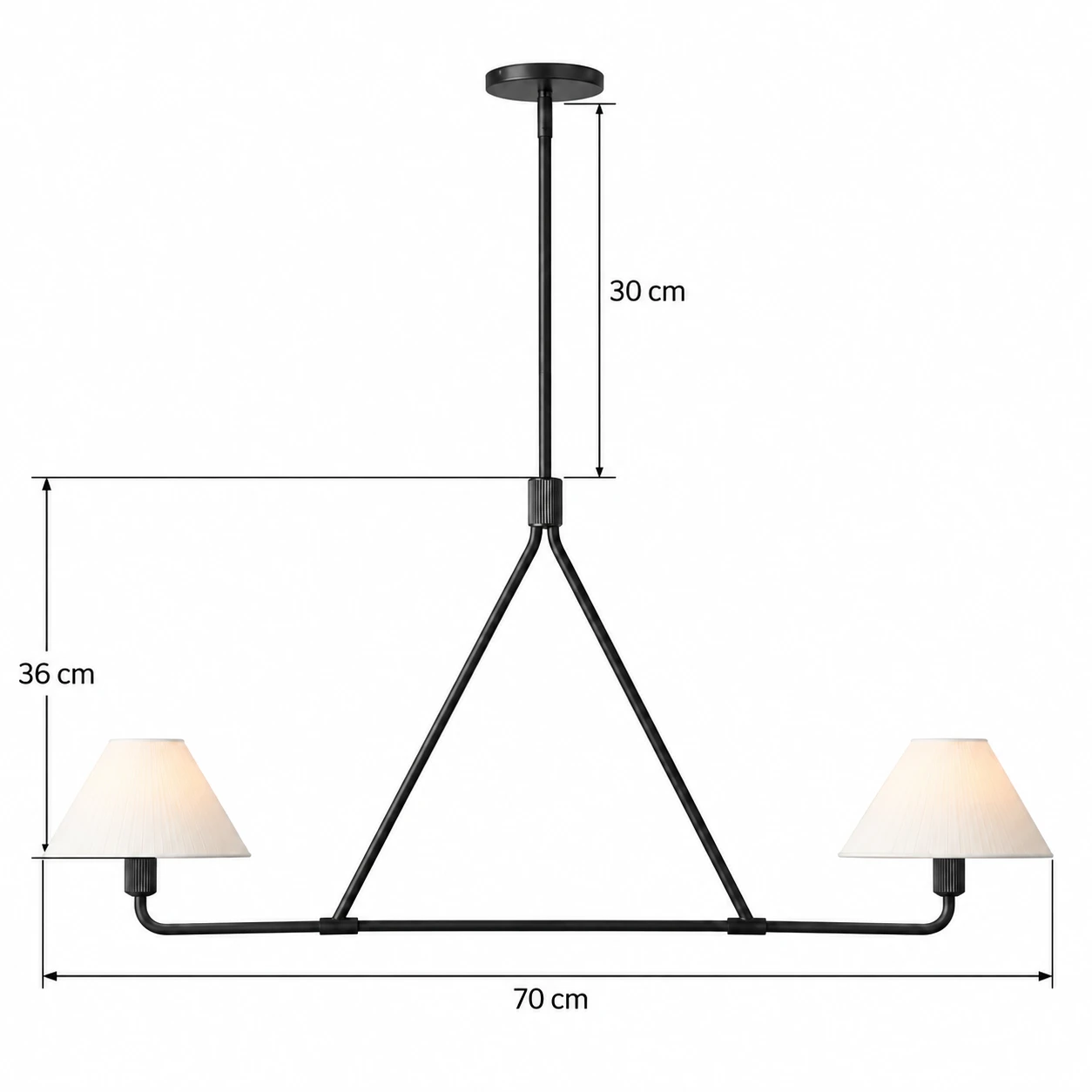 2-Light dimensions 70 cm width, 36 cm fixture height, 30 cm downrod