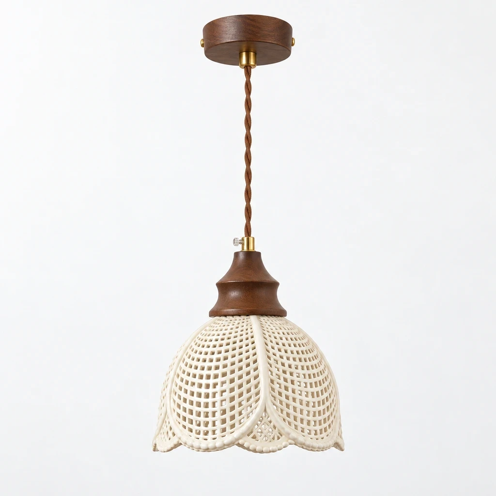 Lina Vintage Floral Ceramic Wood Pendant Light switched off in a neutral studio