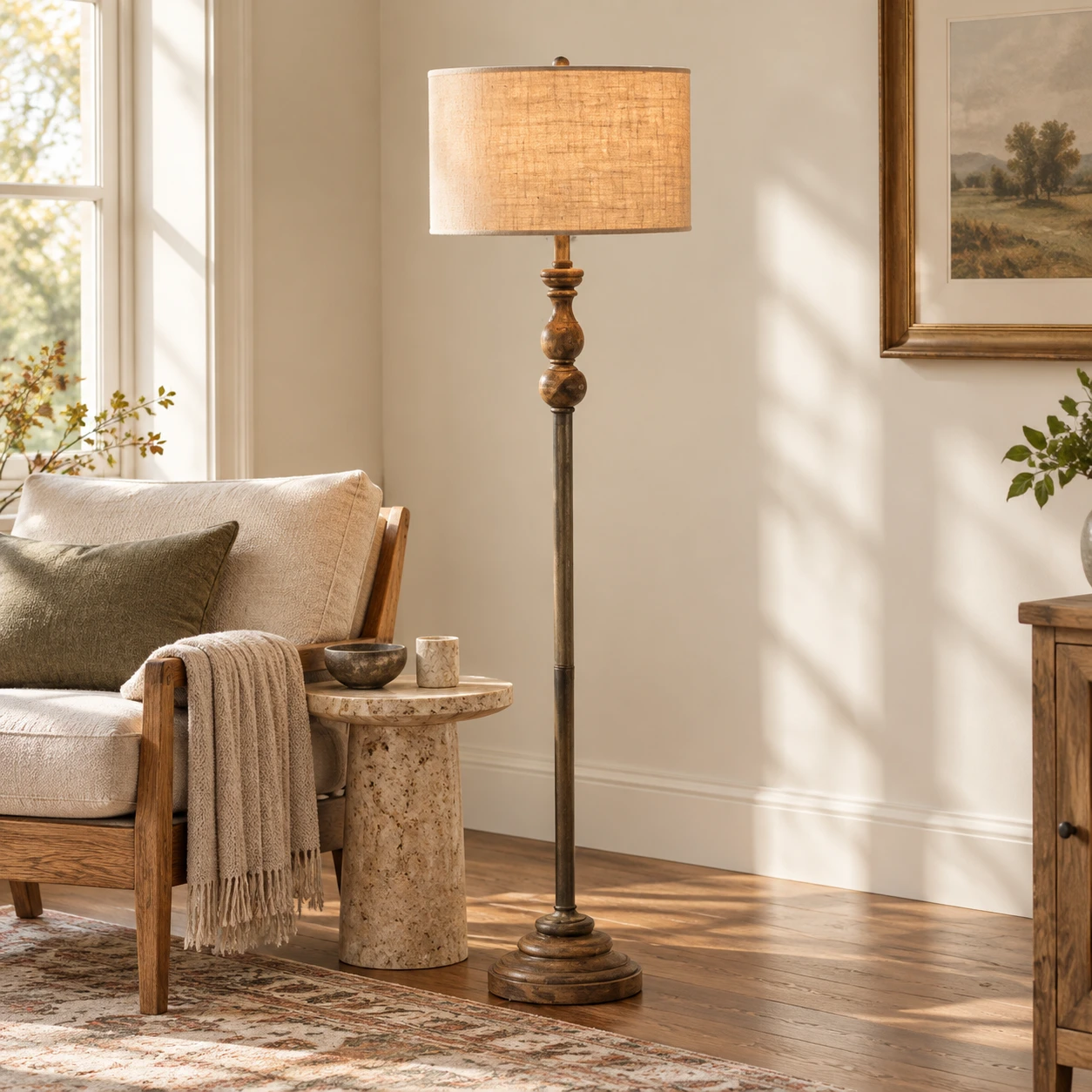 Elara Rustic Turned Wood Iron Floor Lamp — Turned wood floor lamp beside a reading chair