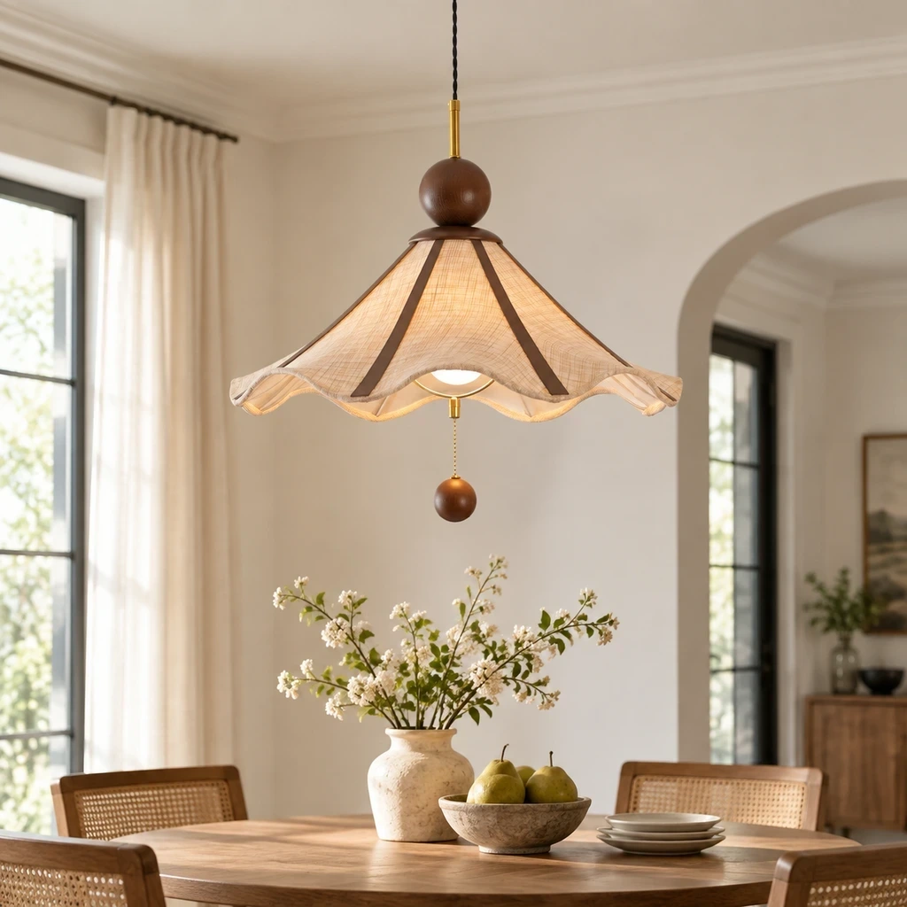 Amelie Vintage Single-Light Fabric Wood Pendant Light installed in a bright interior