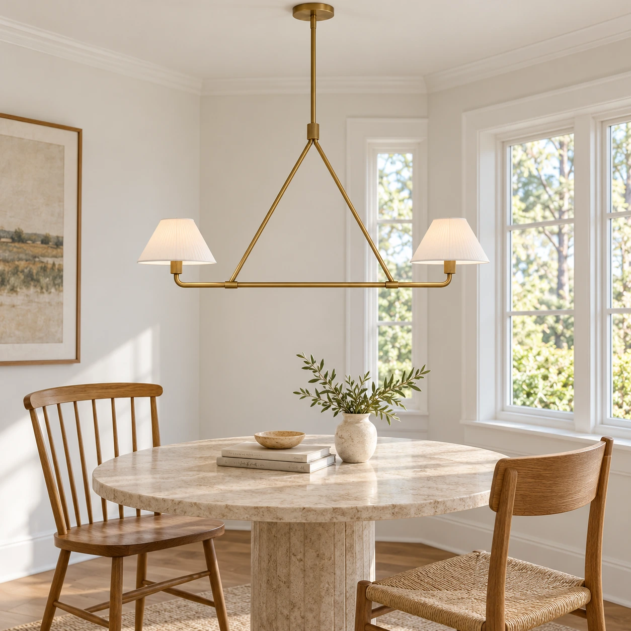 2-Light Gold linear chandelier over a small dining table