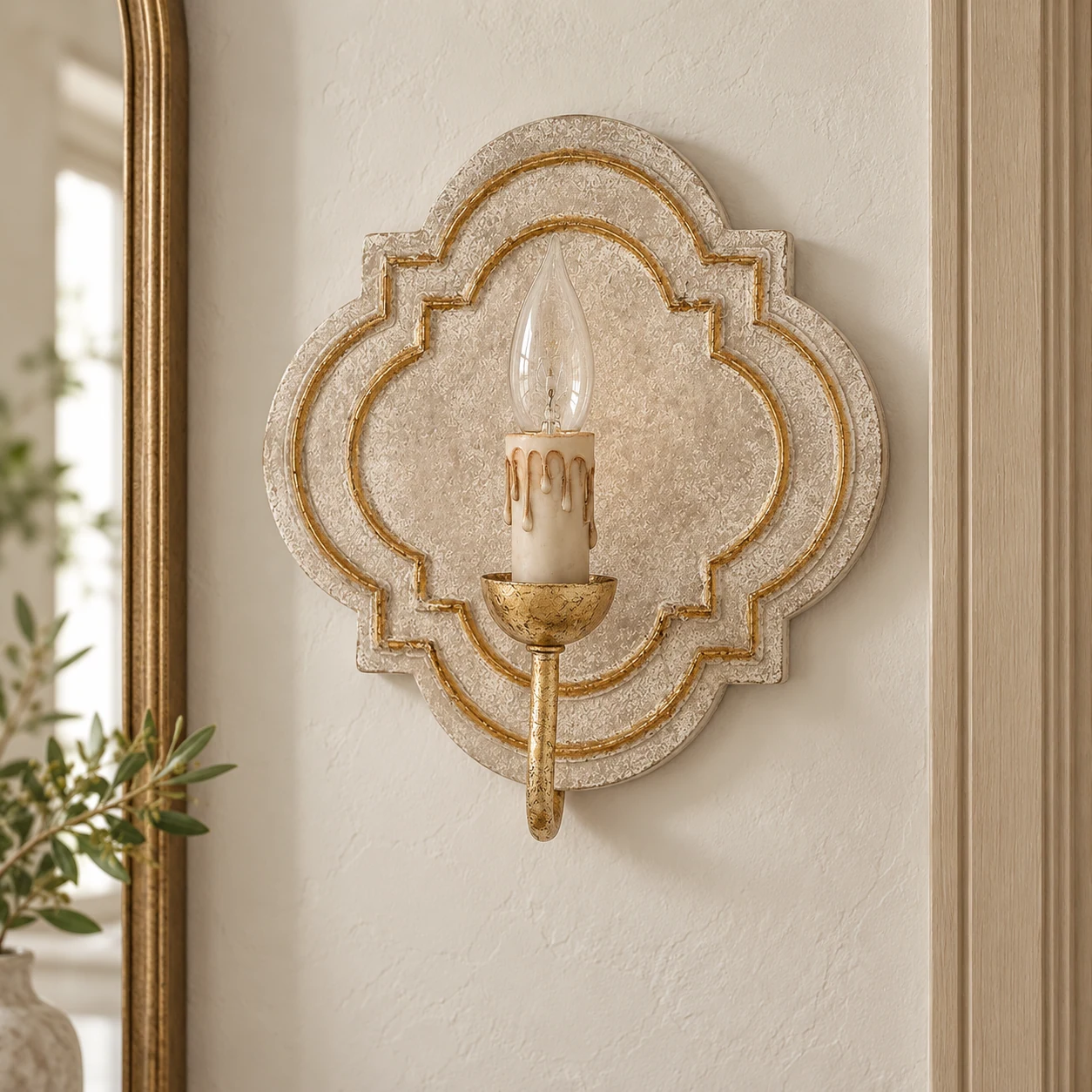 Nola wood wall sconce on a powder room hallway wall