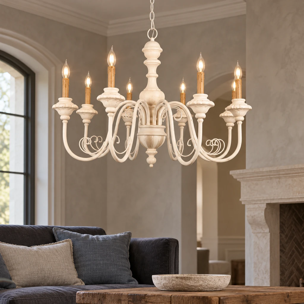 Elise American Vintage Carved Wood Chandelier, Soft White Wood, medium-near studio setting
