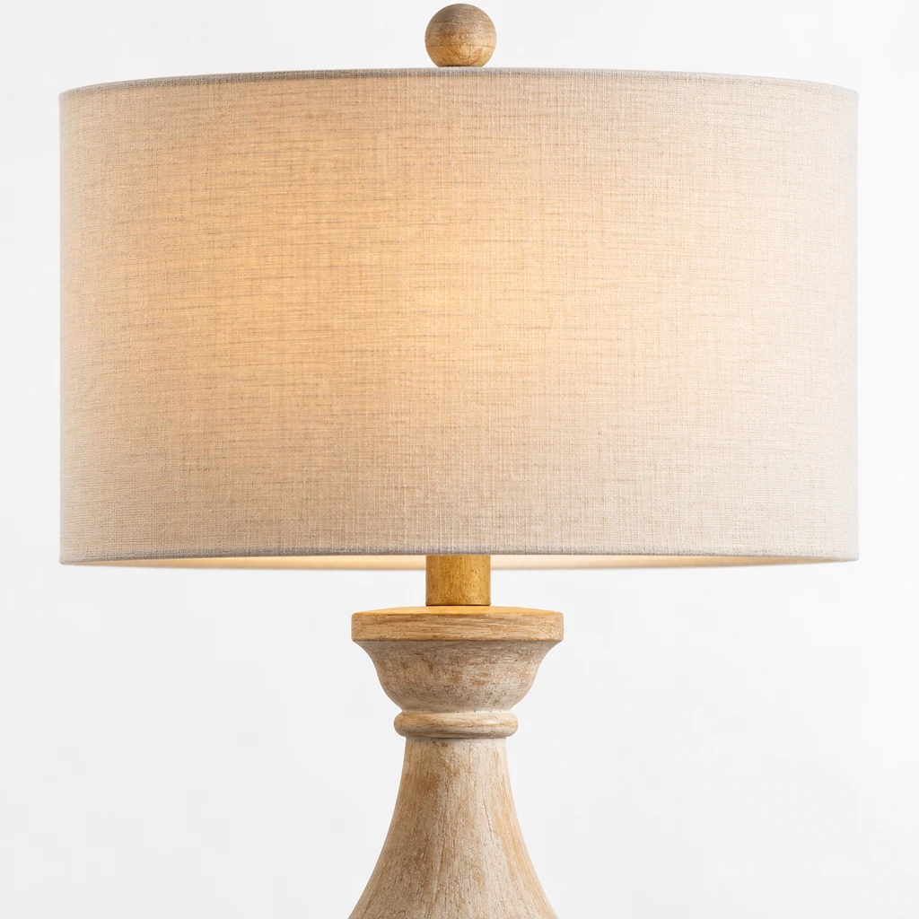 Elena American Vintage Carved Wood and Fabric Table Lamp, Aged Wood, close view of the structural connection