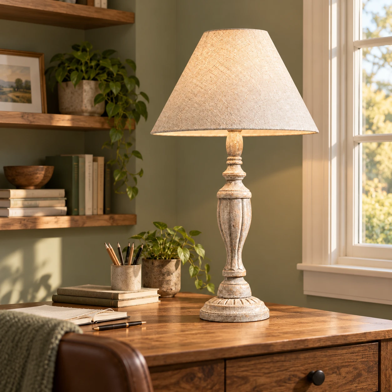 Hayes wood table lamp on a home office desk