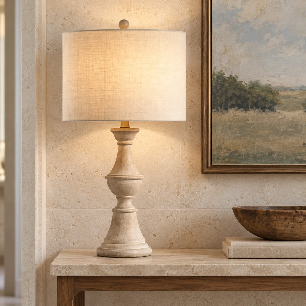 Elena American Vintage Carved Wood and Fabric Table Lamp, Aged Wood, close architectural setting