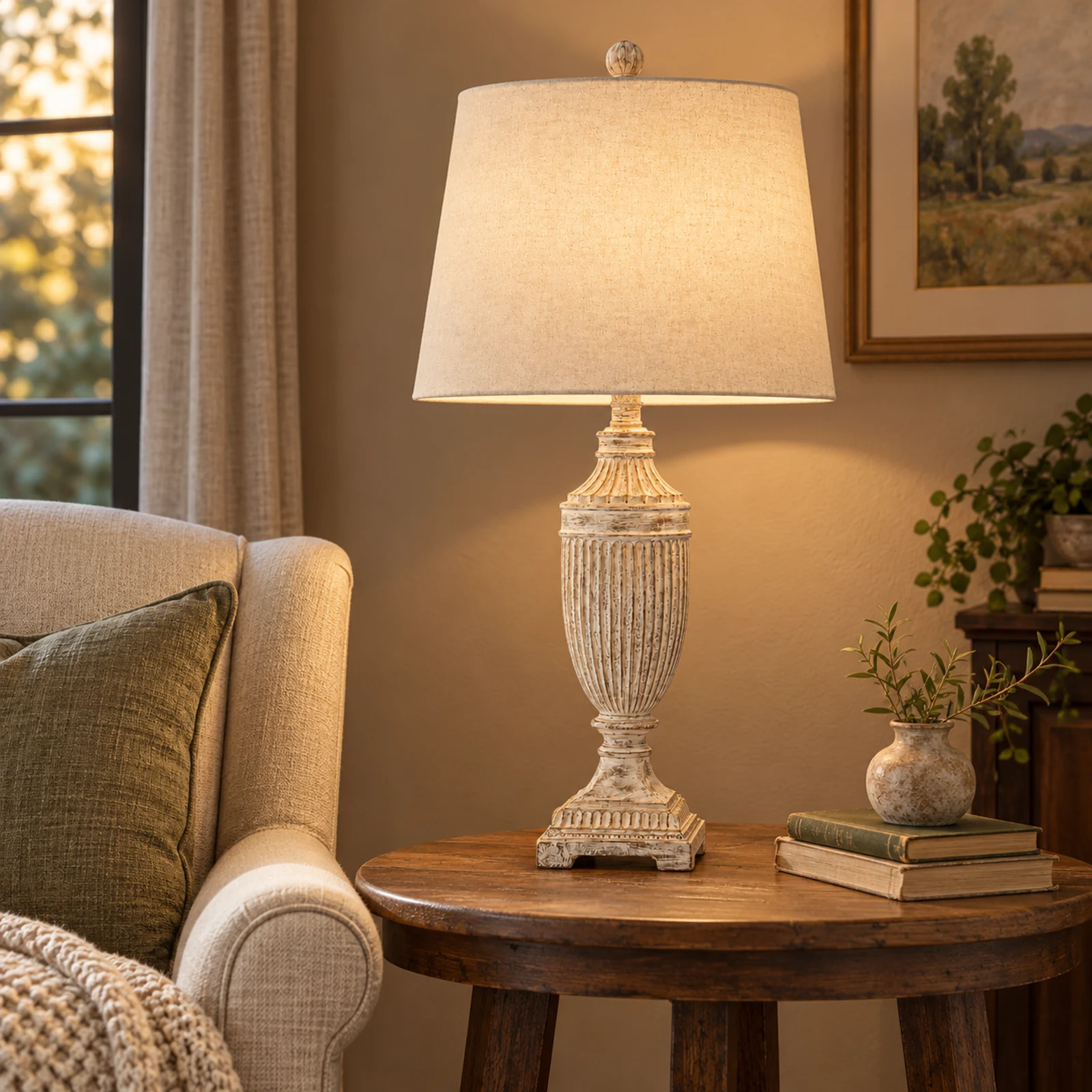 Jules wood table lamp on a reading-nook side table