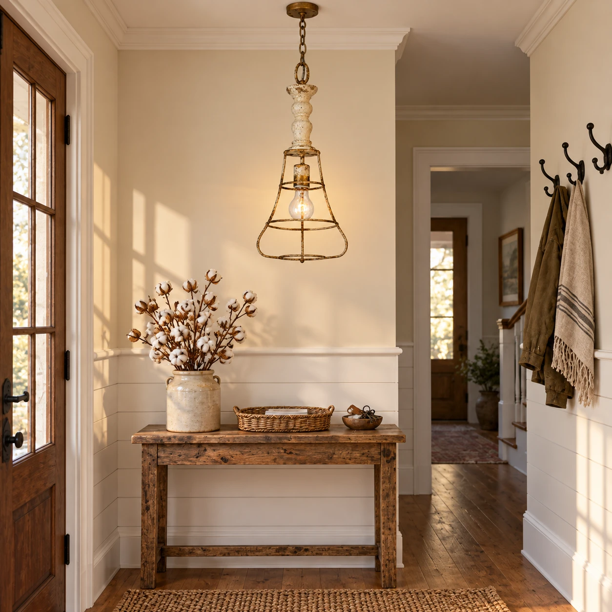 Wren cage pendant above a farmhouse entry console