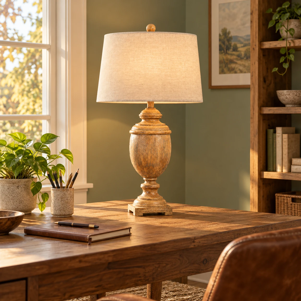 Ellis wood table lamp on a home office desk