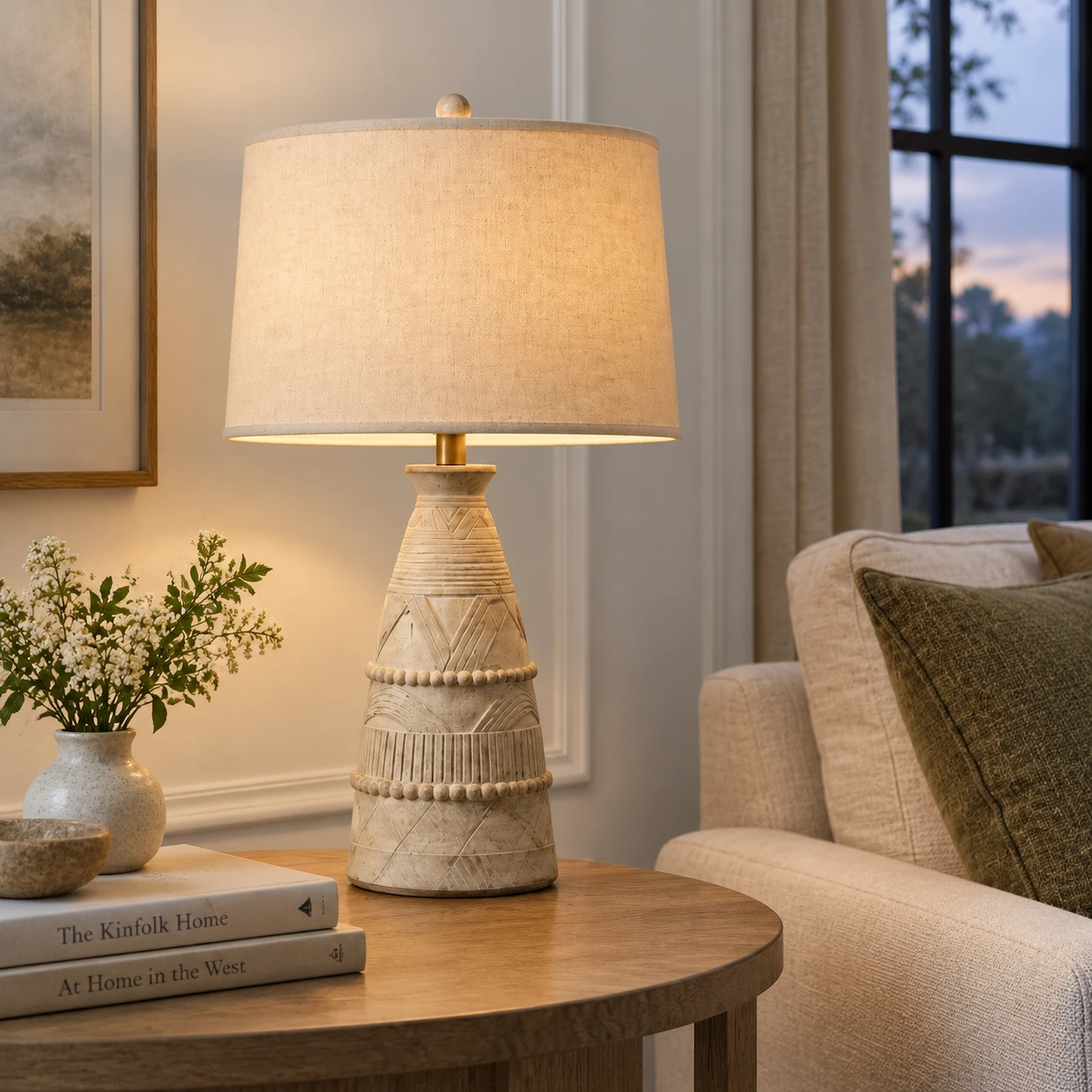 Camille Rustic Carved Wood Table Lamp in a residential interior