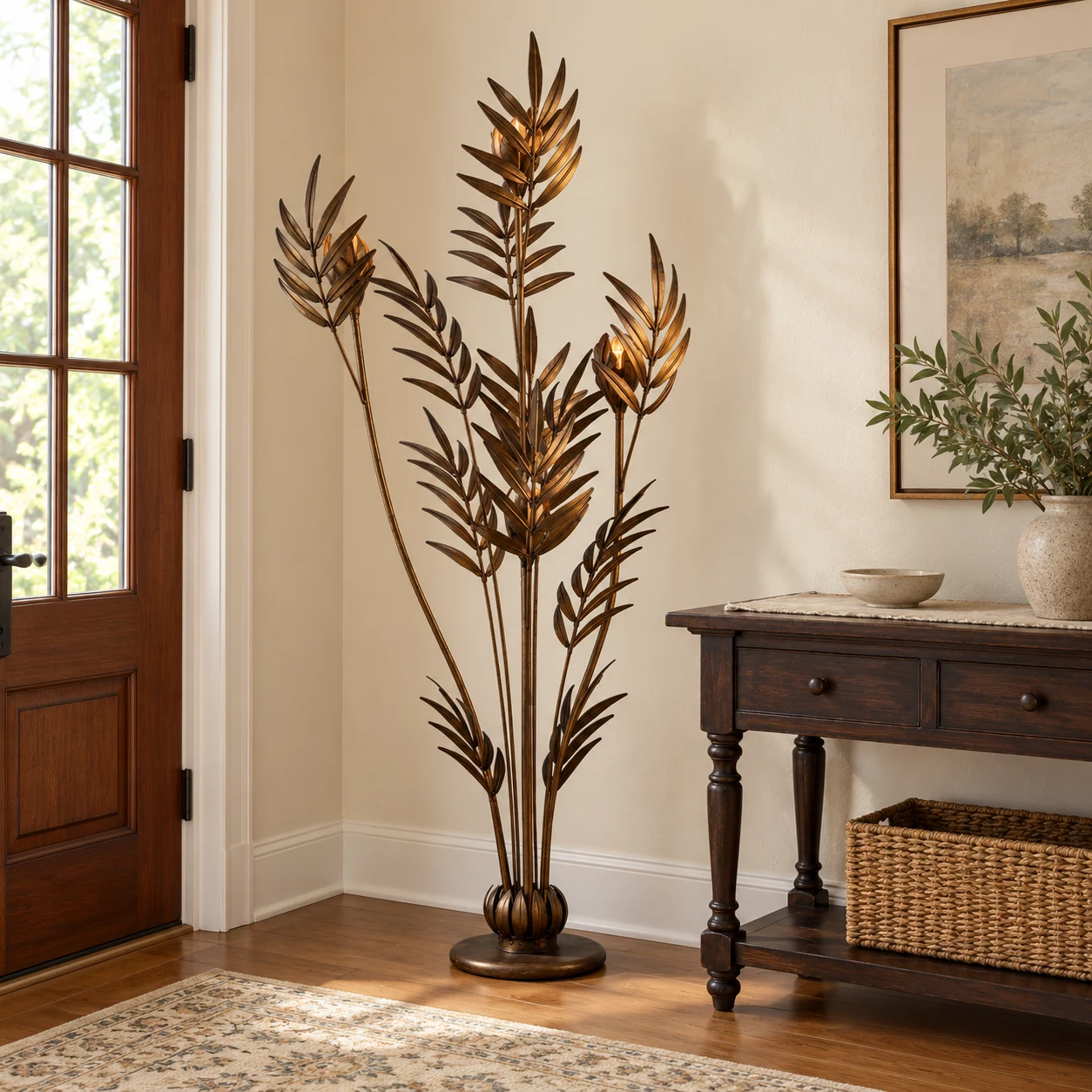 Liora antique bronze palm leaf floor lamp in an entry foyer