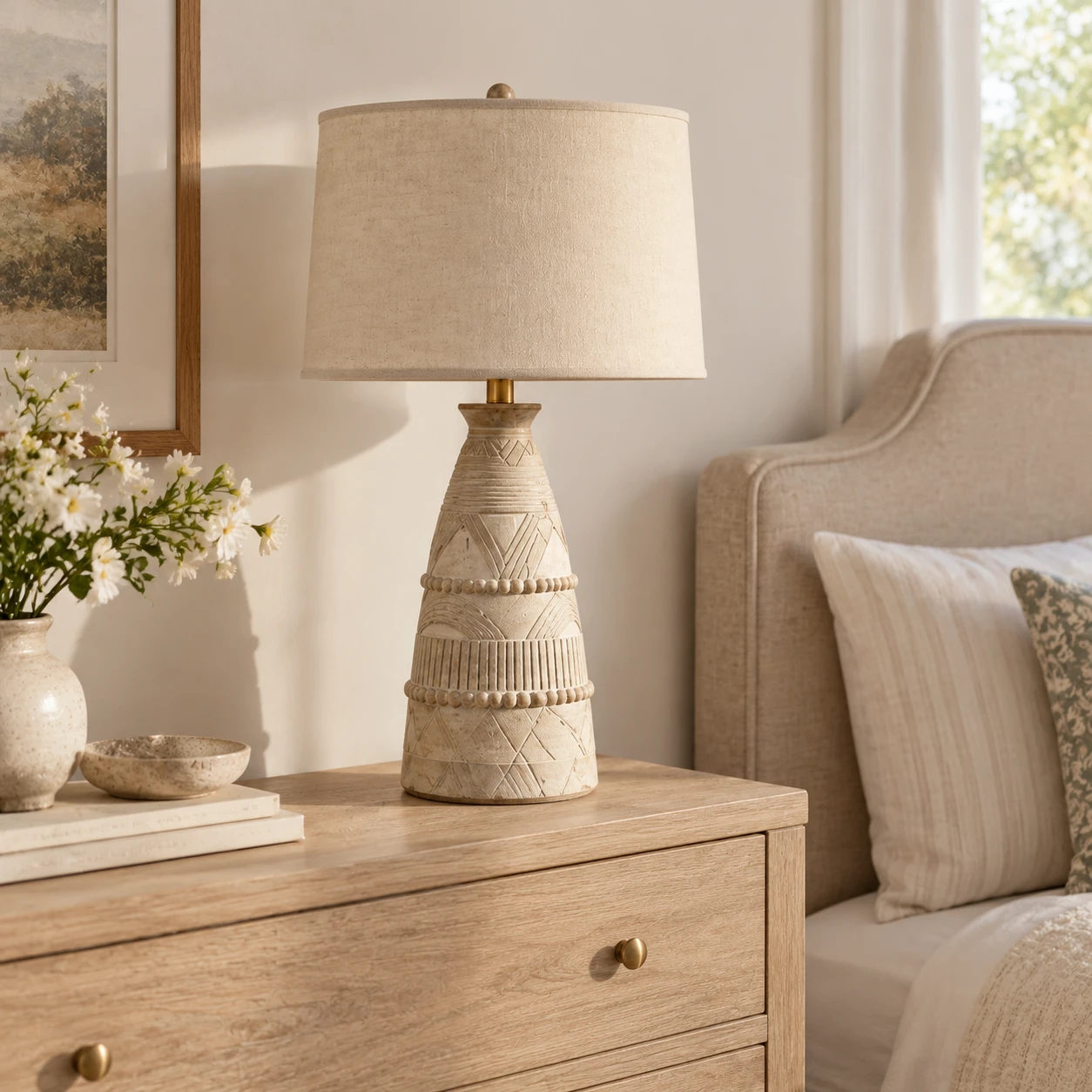 Camille Rustic Carved Wood Table Lamp in a residential interior