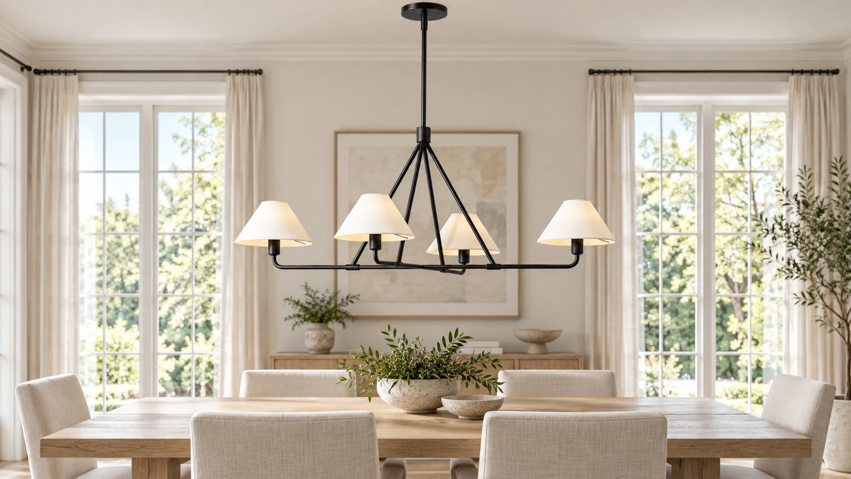 Maren linear iron chandelier centered over a dining table