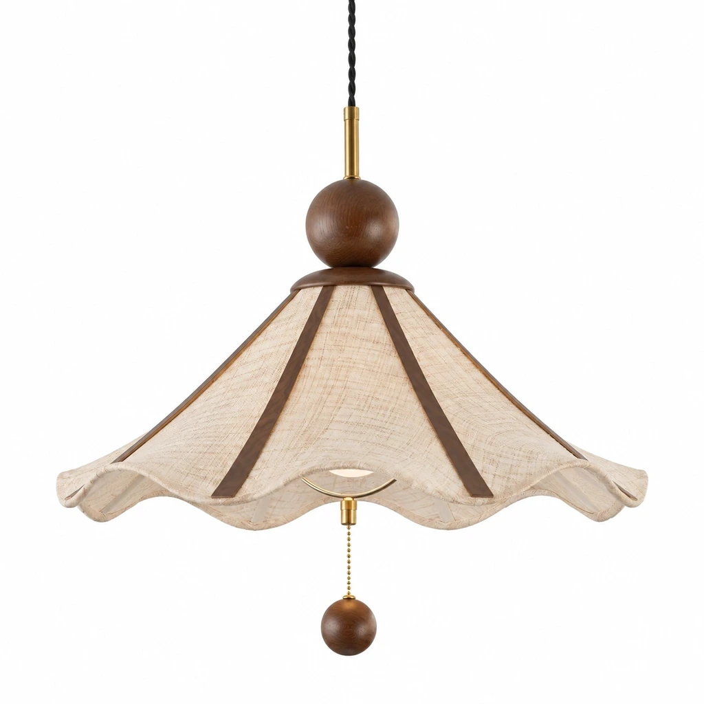 Amelie Vintage Single-Light Fabric Wood Pendant Light on a clean white background