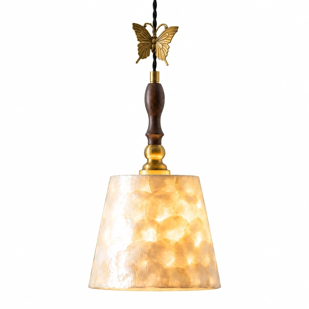 Close detail of Elena Vintage Butterfly Shell Wood Pendant Light light behavior