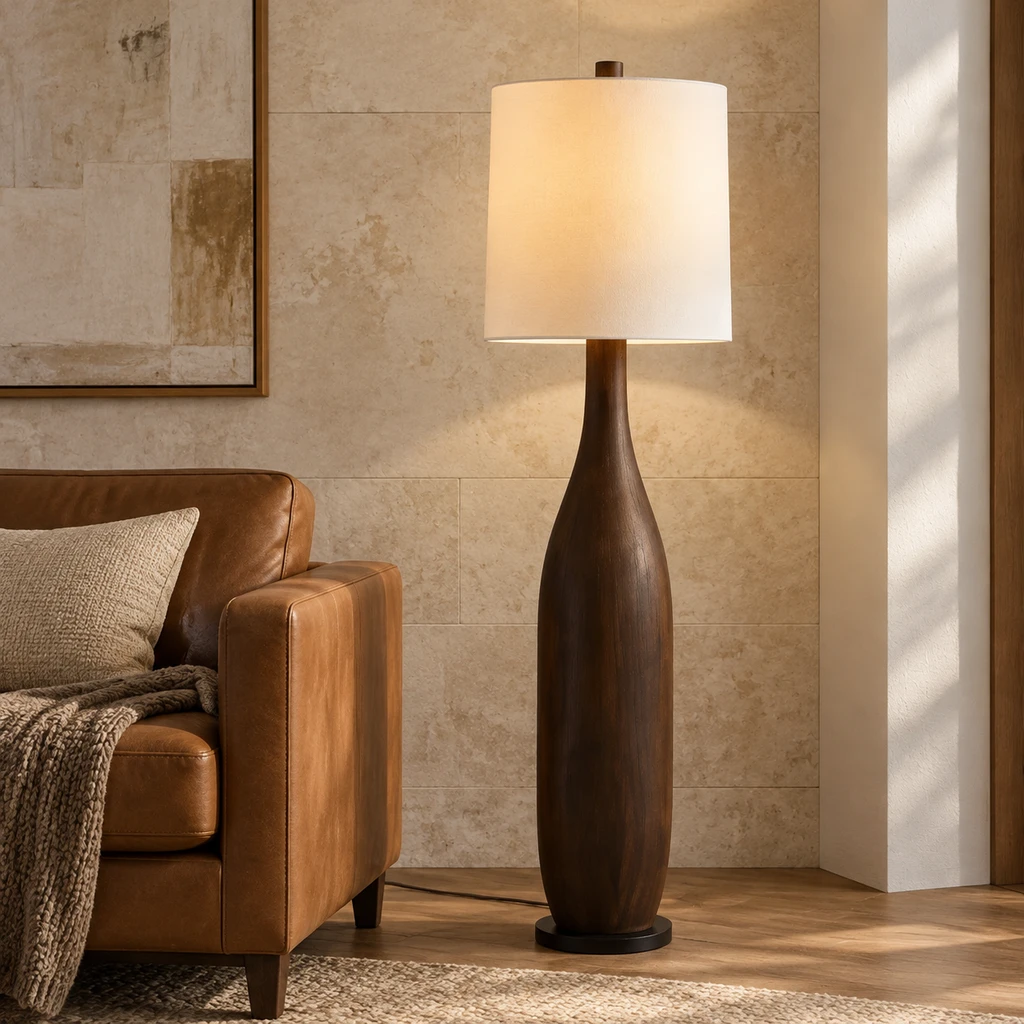 Amelia American Rustic Turned Wood and Fabric Floor Lamp, Dark Coffee - 45 cm wide x 160 cm high, close architectural setting