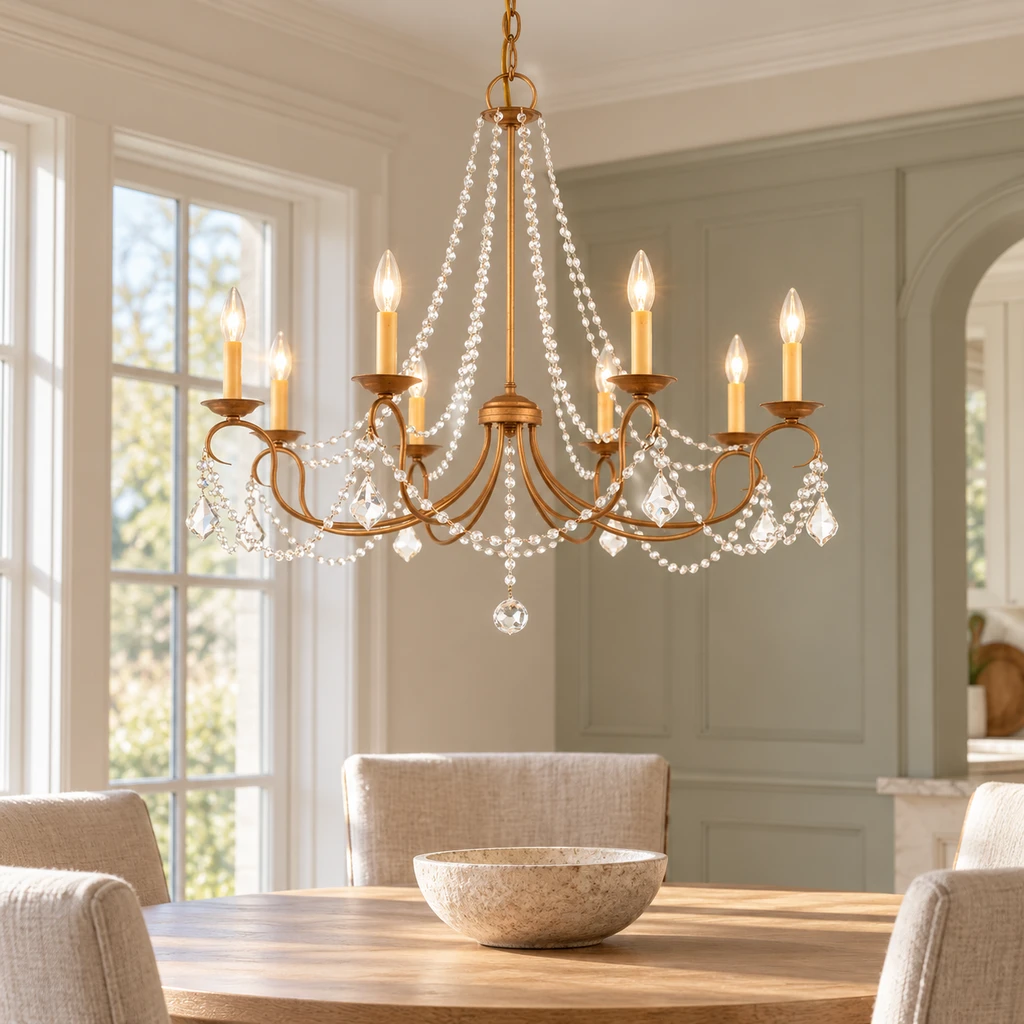 Mila American Vintage Crystal and Iron Chandelier, Antique Gold Crystal, medium-near dining setting