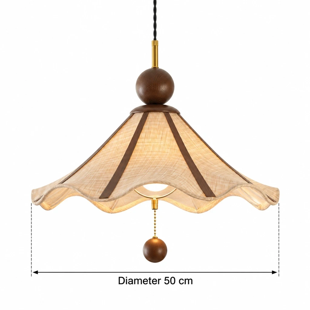 Amelie Vintage Single-Light Fabric Wood Pendant Light verified dimensions