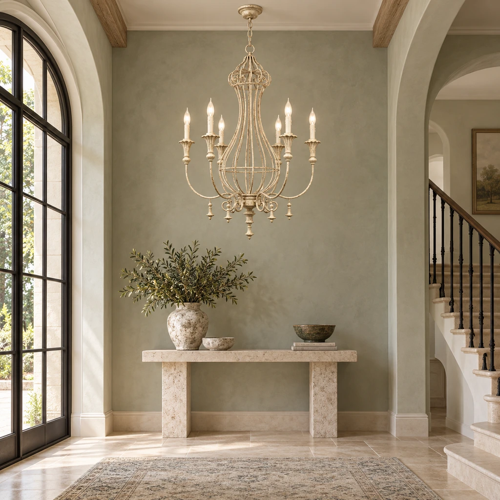 Elowen distressed iron lantern chandelier in a sage entry hall at corrected scale