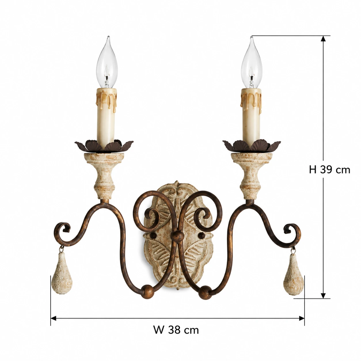 Two-light wall sconce dimension diagram, width 38 cm and height 39 cm