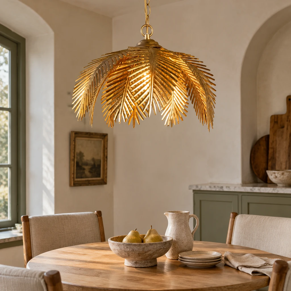 Mila European Vintage Leaf-Branch Iron Chandelier, Gold - Single Light, medium-near dining setting