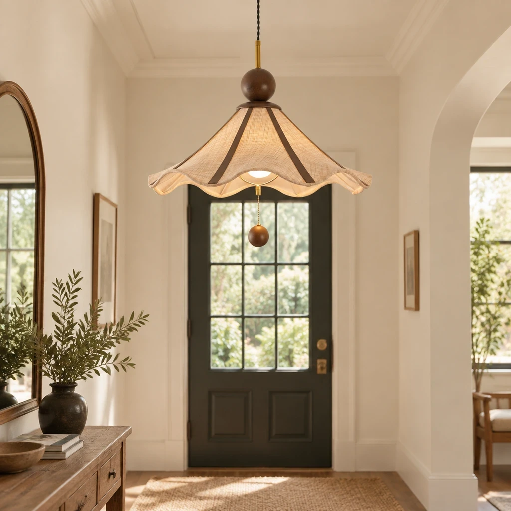 Amelie Vintage Single-Light Fabric Wood Pendant Light in an entry setting