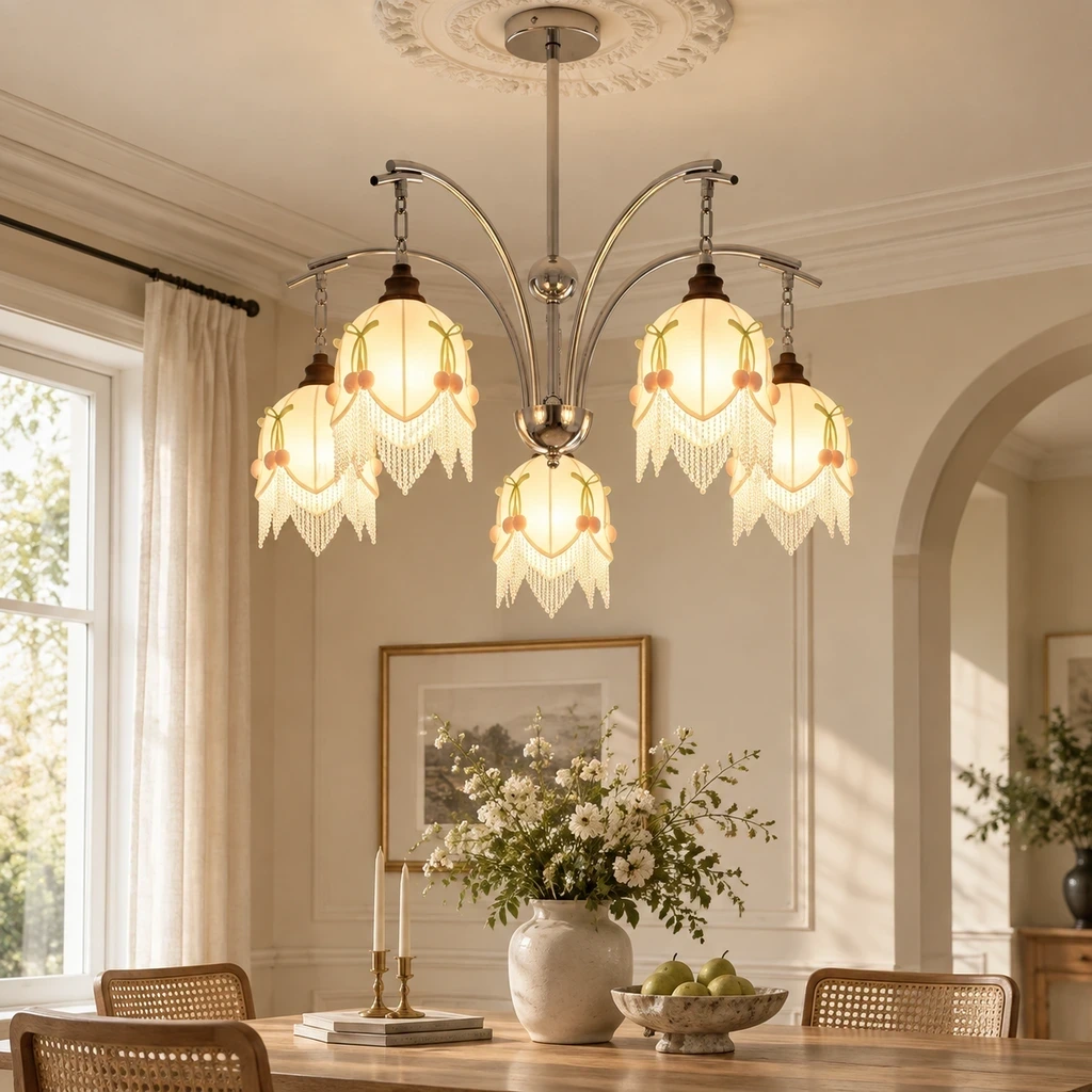 Lucia branching floral fabric chandelier in a study setting