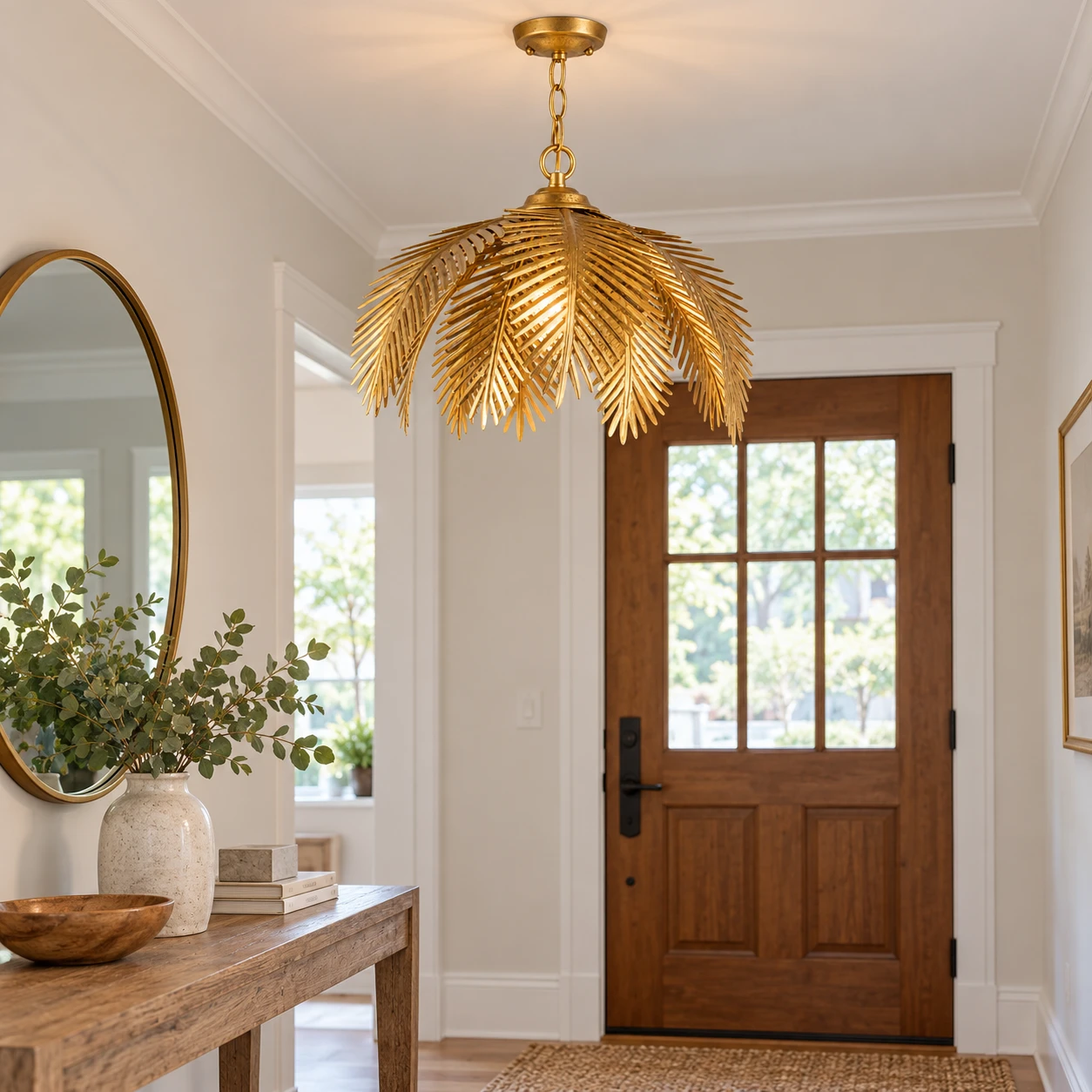 Mila gold leaf chandelier in an American home entryway