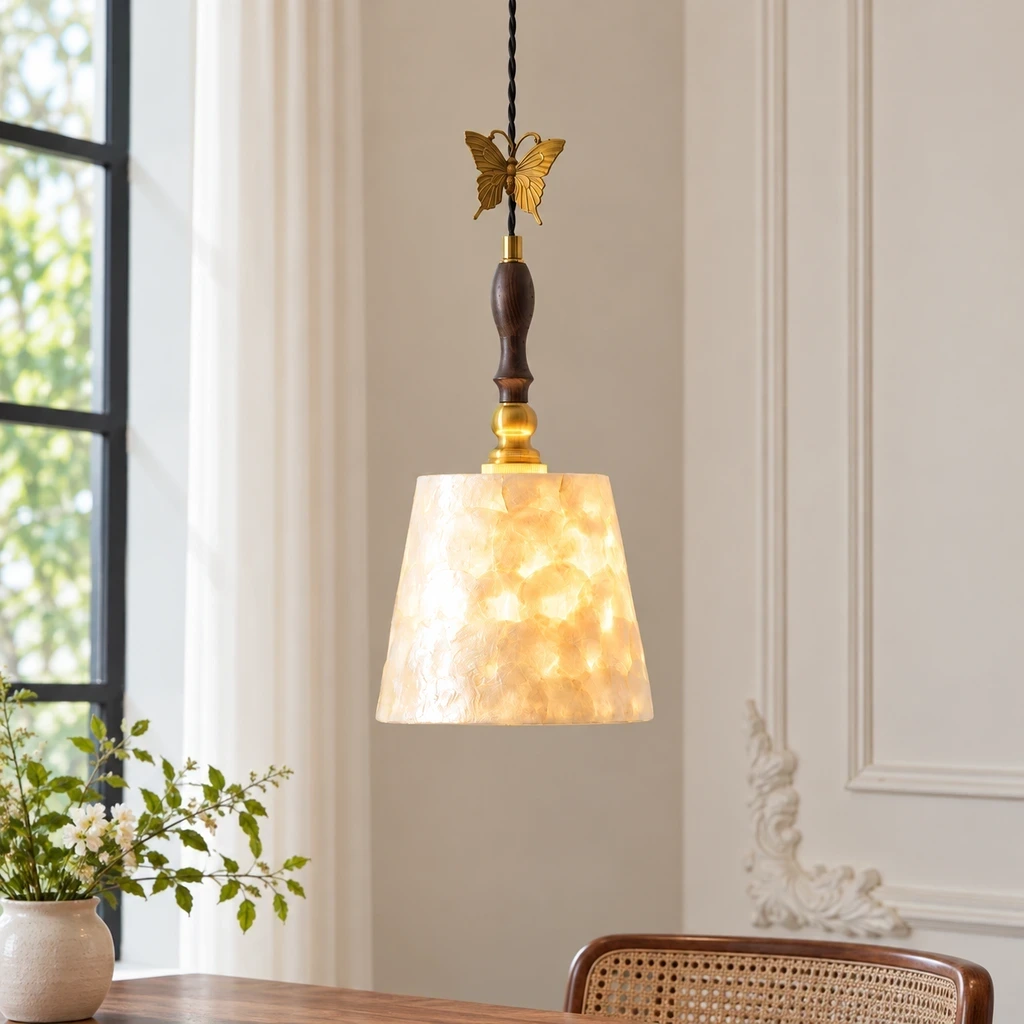 Elena Vintage Butterfly Shell Wood Pendant Light installed in a bright interior