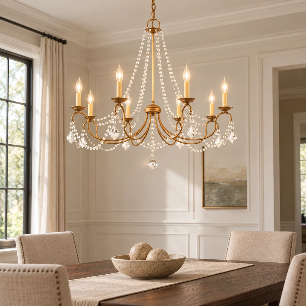 Mila American Vintage Crystal and Iron Chandelier, Antique Gold Crystal, medium-near living setting