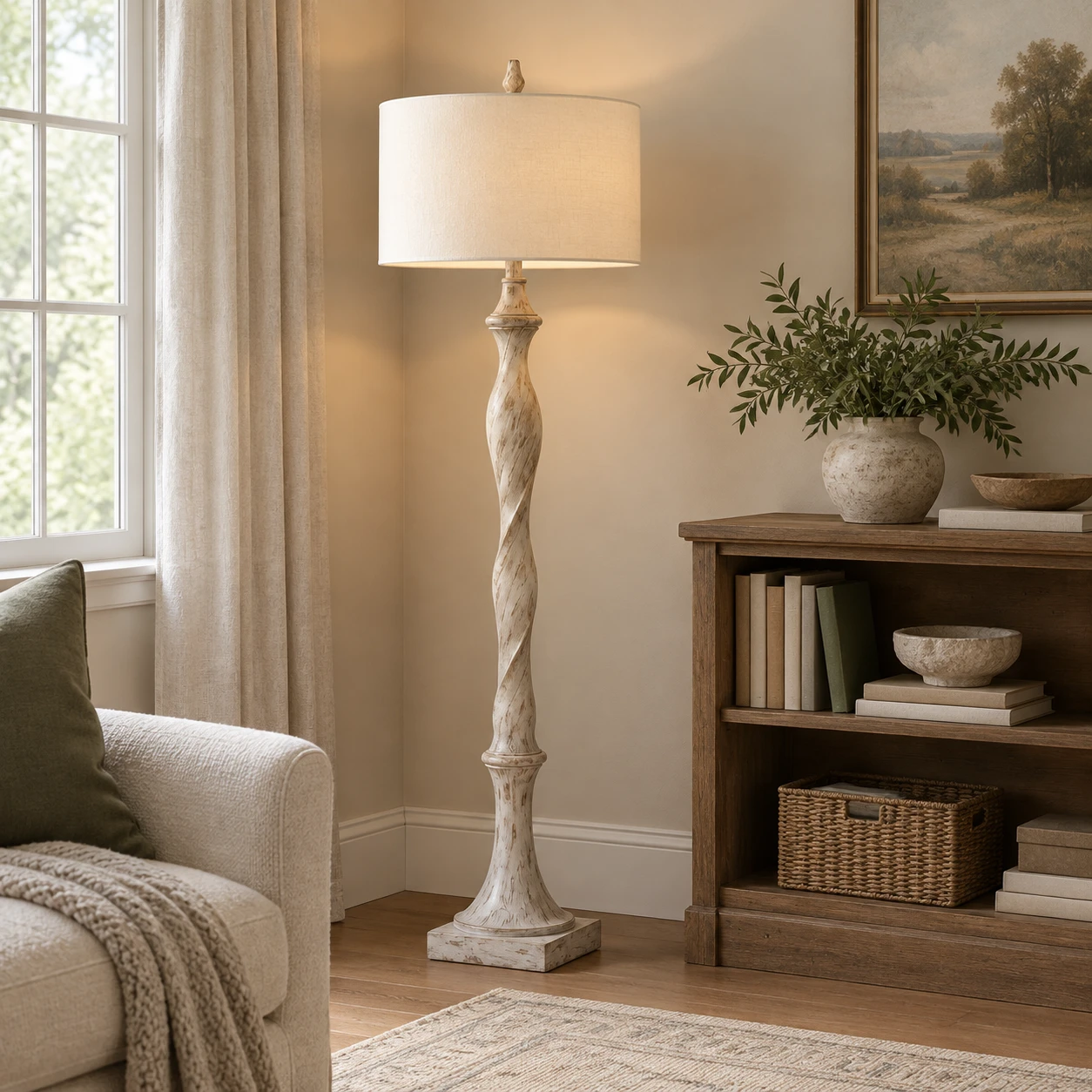Mira Rustic Carved Wood Floor Lamp in a residential interior