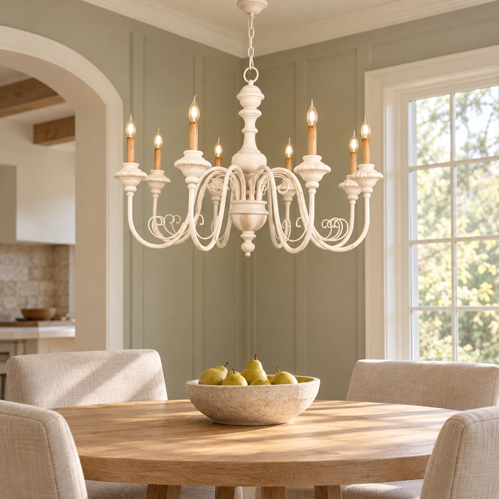 Elise American Vintage Carved Wood Chandelier, Soft White Wood, medium-near dining setting