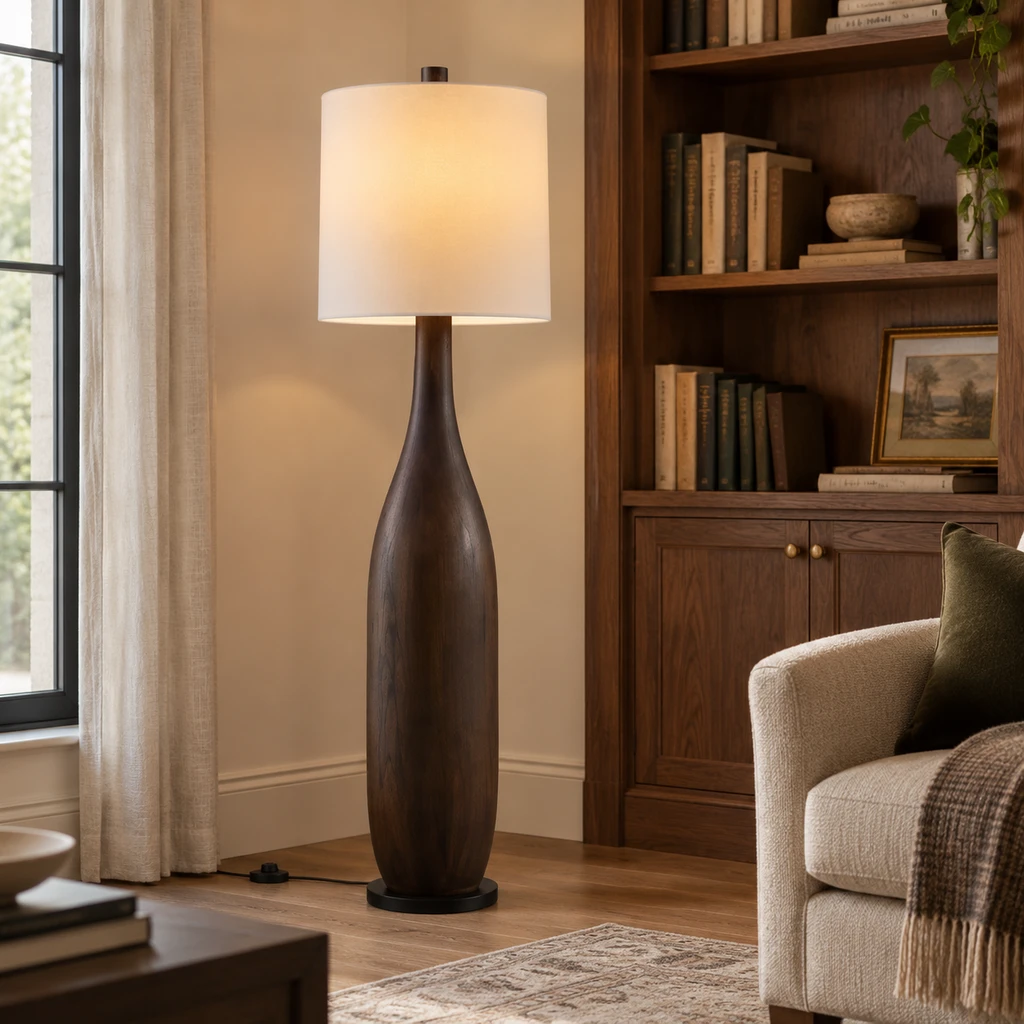 Amelia American Rustic Turned Wood and Fabric Floor Lamp, Dark Coffee - 45 cm wide x 160 cm high, library setting